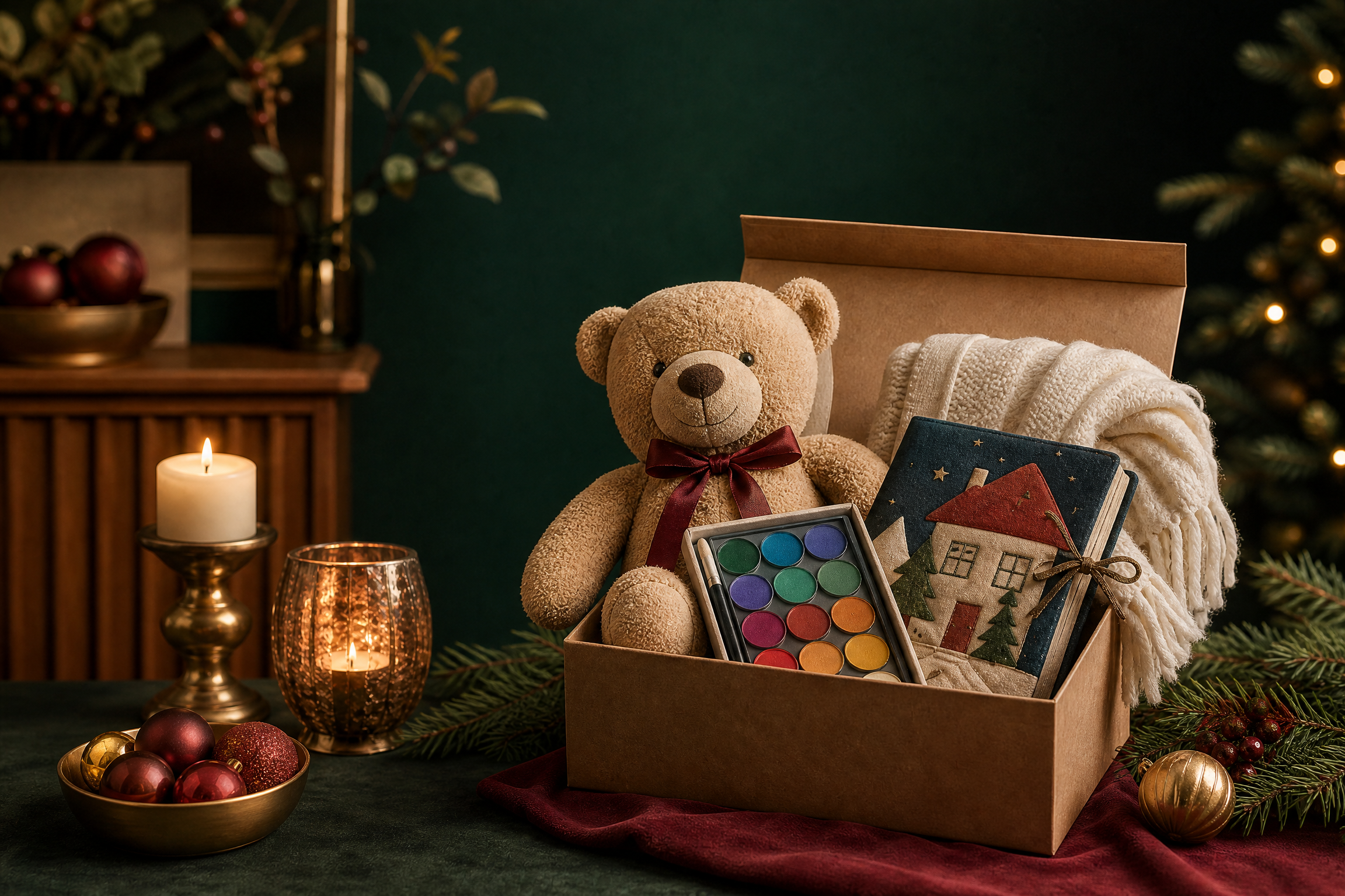 Hộp quà Noel cho bé gái với thú bông, bộ nghệ thuật và sách tranh trong không gian ấm áp