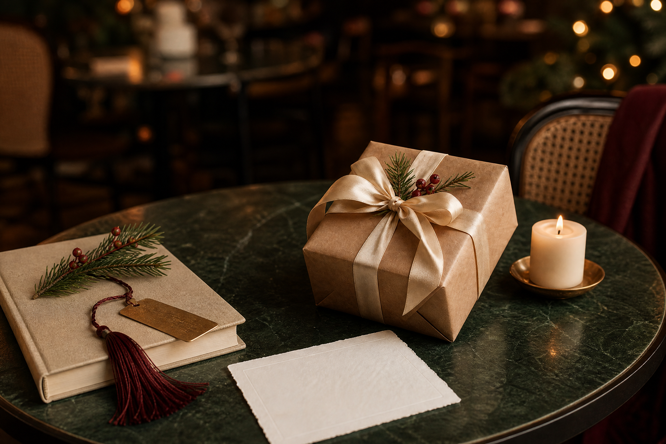 Hộp quà Noel tinh tế cho crush với sổ tay, bookmark, nến thơm và thiệp trên bàn cà phê