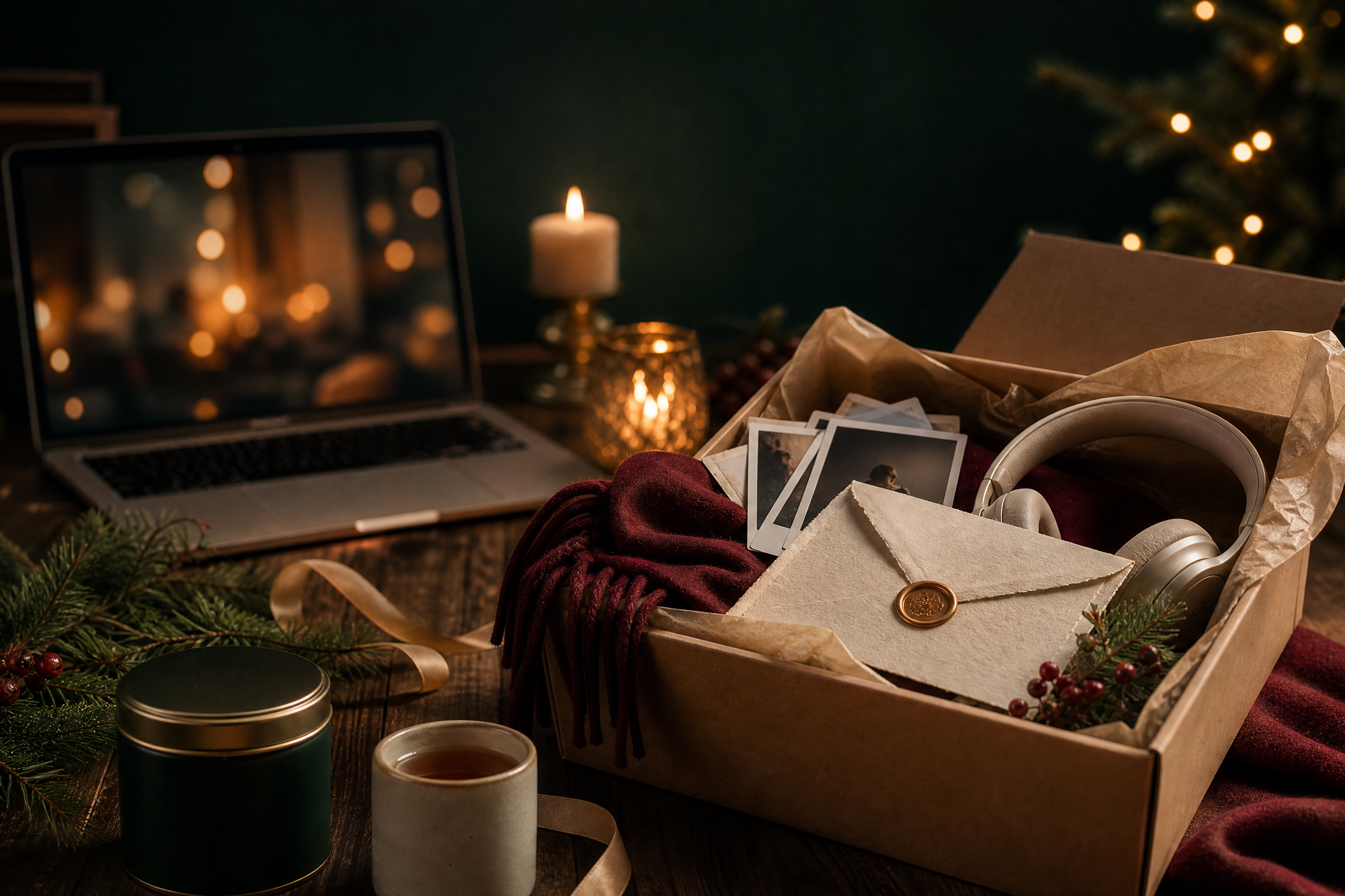 Care package Noel cho người yêu xa với khăn len, thư tay, ảnh kỷ niệm và tai nghe