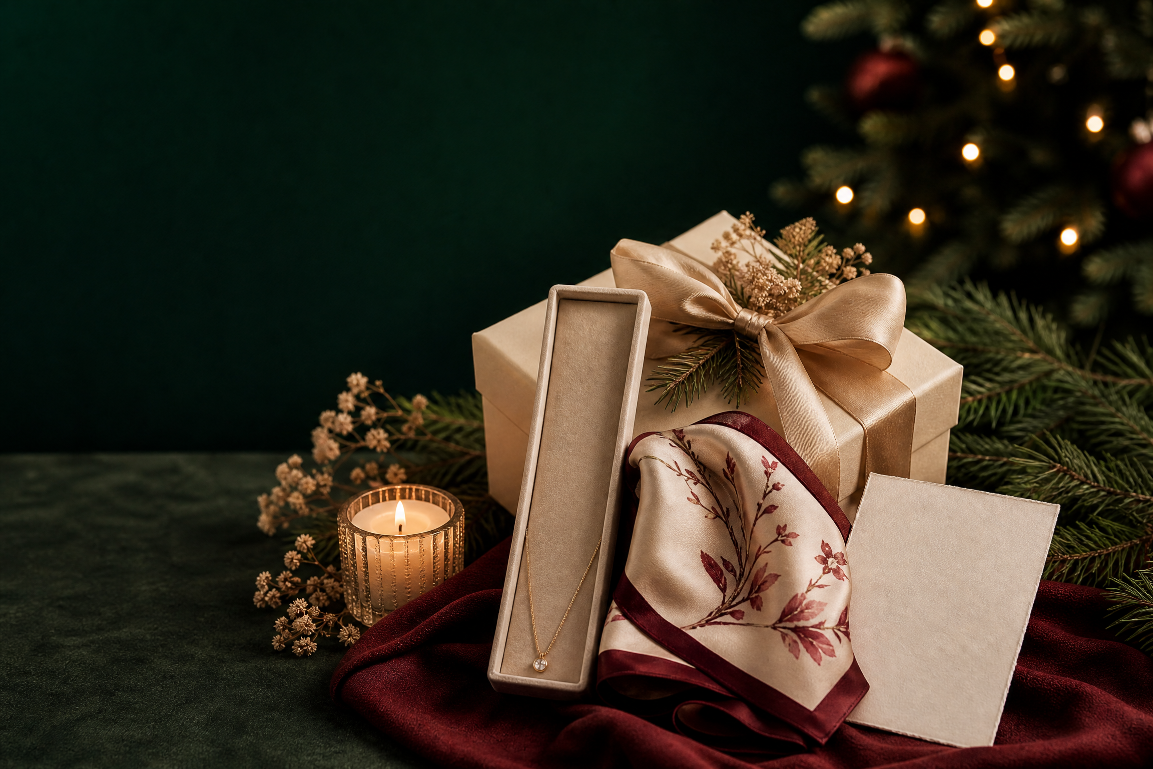 Hộp quà Noel thanh lịch cho vợ với trang sức tối giản, khăn lụa, nến và hoa khô