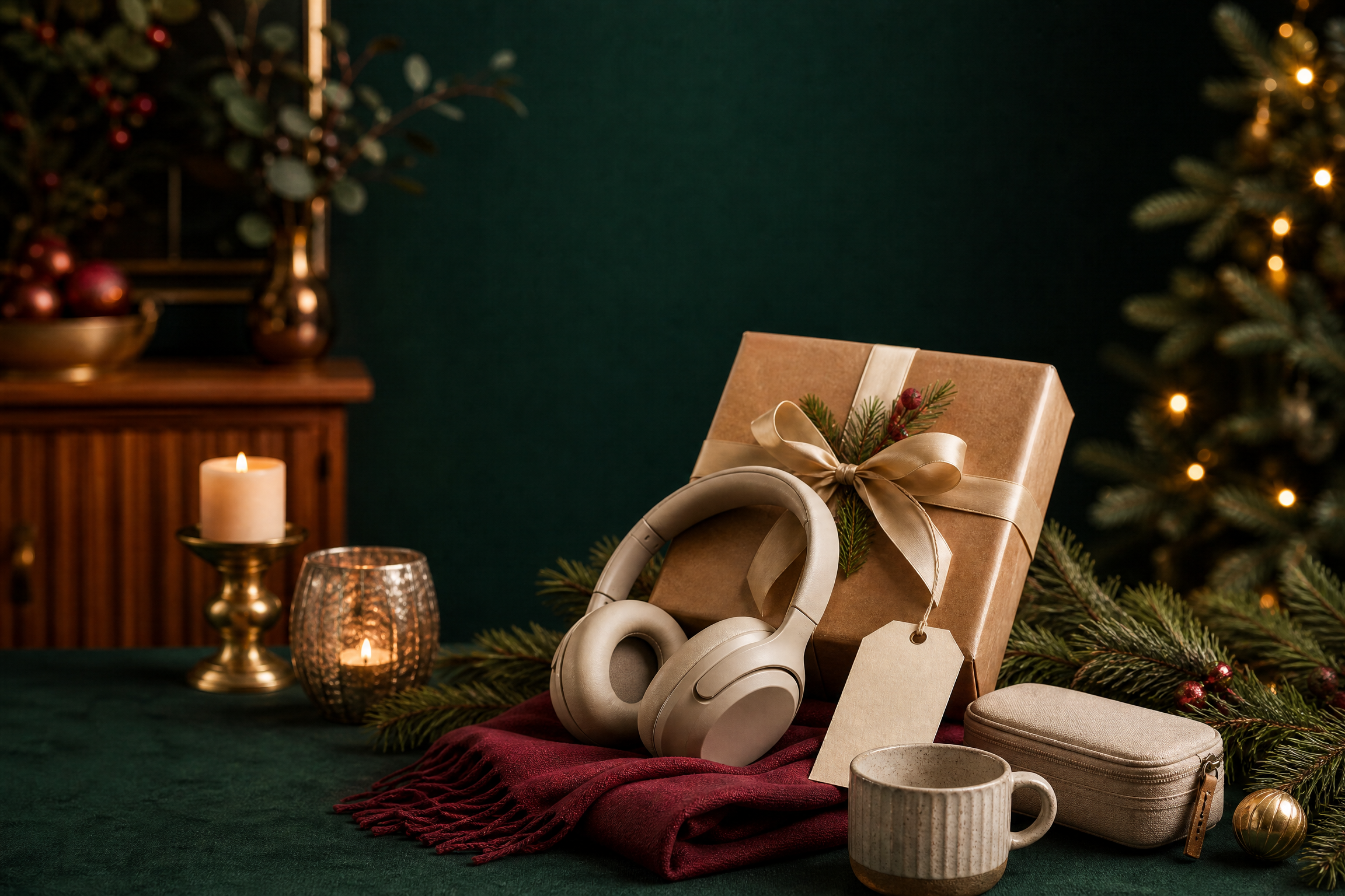 Hộp quà Noel hiện đại cho bạn trai với tai nghe, khăn len, cà phê và phụ kiện du lịch