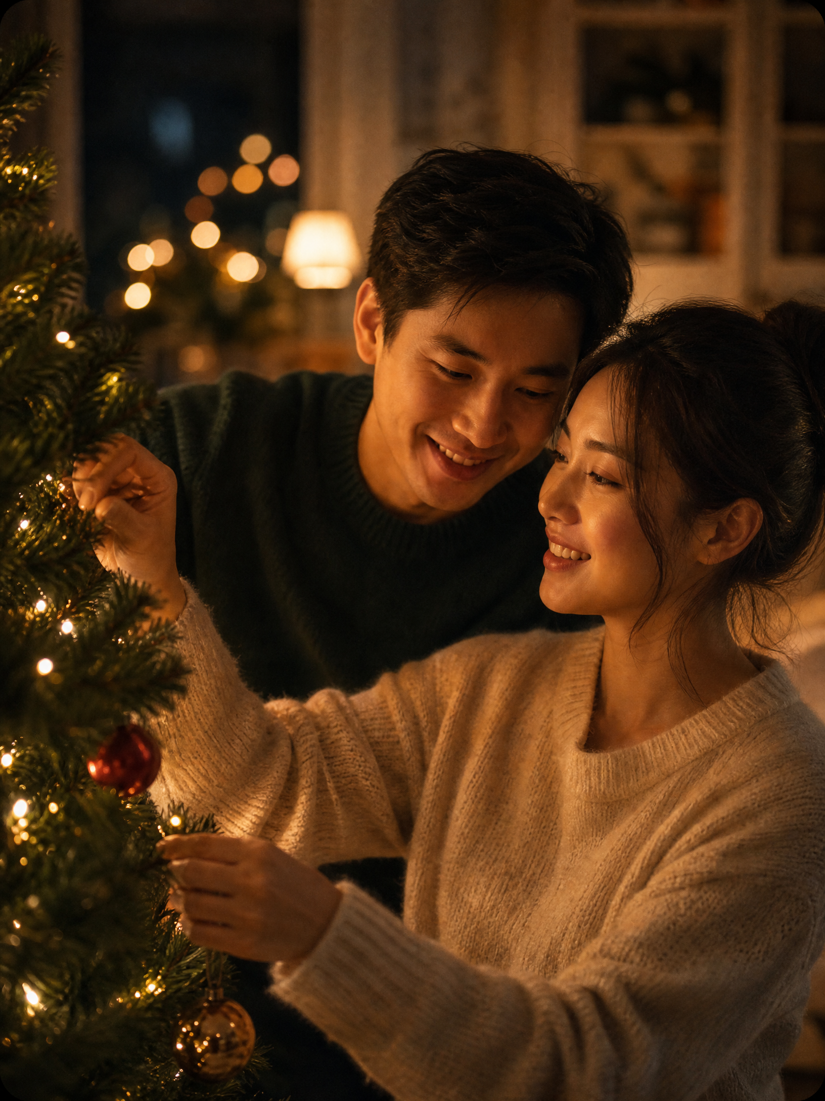 Cặp đôi cùng trang trí cây thông Noel trong không gian gia đình ấm áp